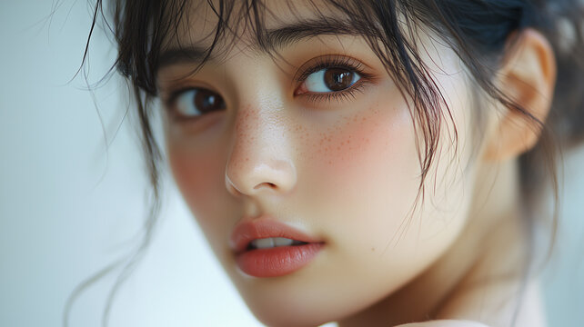 透明感のある美しい日本人女性のクローズアップポートレート｜美肌・自然なメイク -生成AI