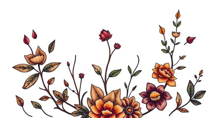 A vibrant array of watercolor-style flowers and budding leaves in warm autumnal hues creates a charming and elegant botanical illustration.