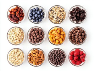 Assortment of different toppings for oatmeal bowls, isolated white.