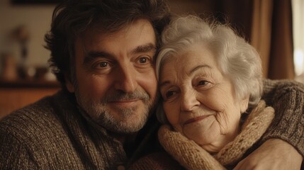 A loving son embraces his elderly mother with warmth