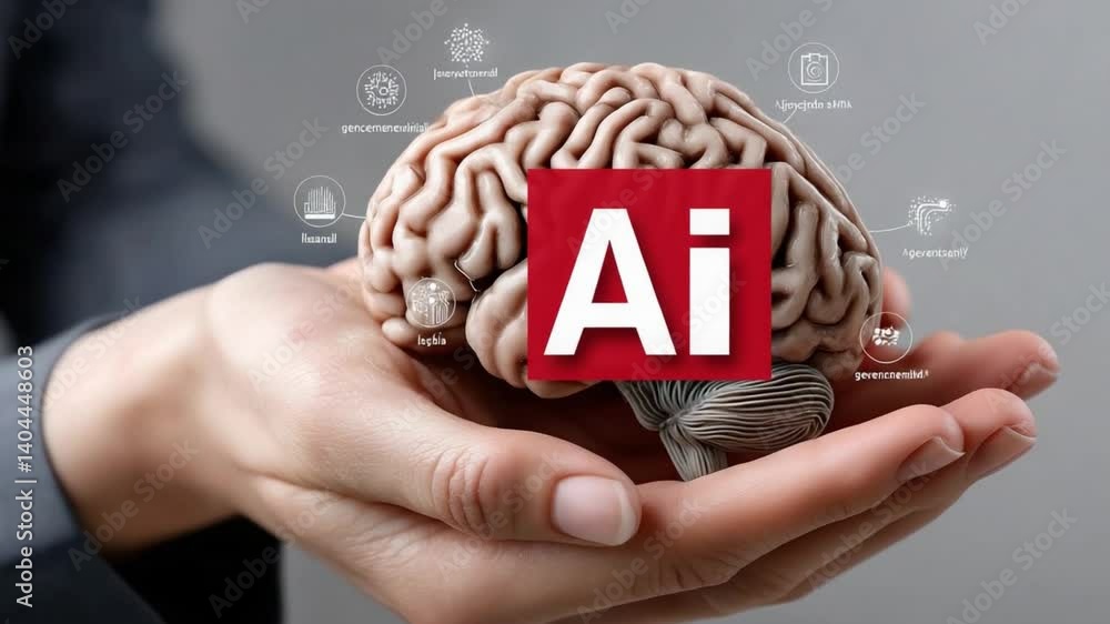 Aufkleber ai brain: a representation of artificial intelligence in action, human hands cradling a realistic br