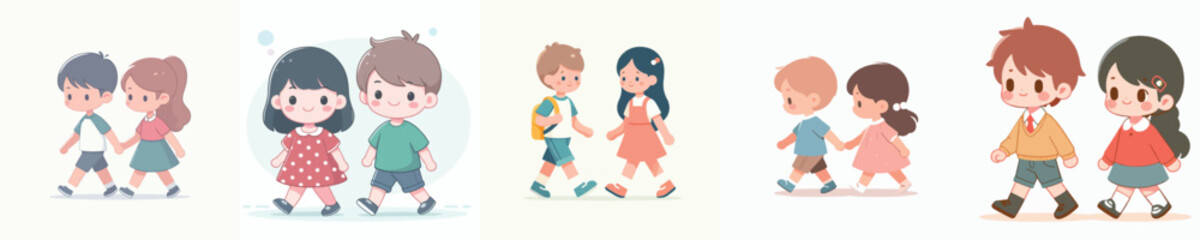 vector set couple of small children walking hand in hand