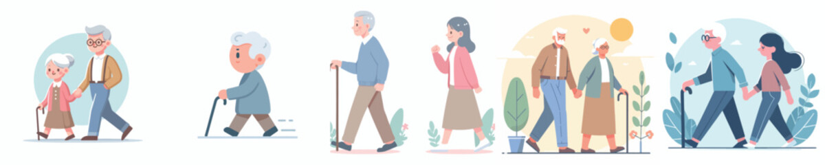 vector set grandfather and grandmother walking together