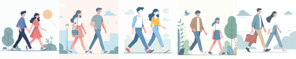 vector set male and female couple walking together