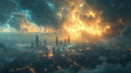 Fototapeta premium Fiery Skies Over Futuristic Metropolis: A Digital Painting