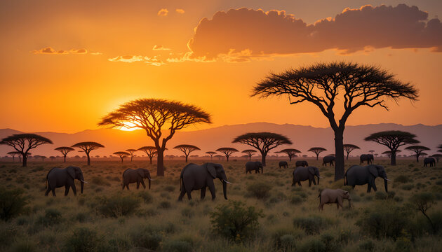 Fototapeta African safari elephants at sunset landscape wallpaper background travel destination photography