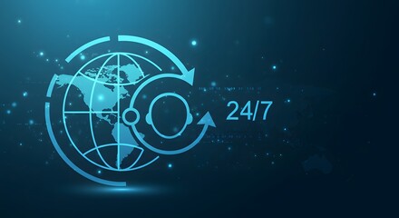 Technical support and customer service concept. Digital icon representing technical support, customer service, and 24 by 7 assistance. Business technology solutions for global support, service manage