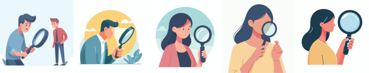 vector set man and woman looking something with magnifying glass