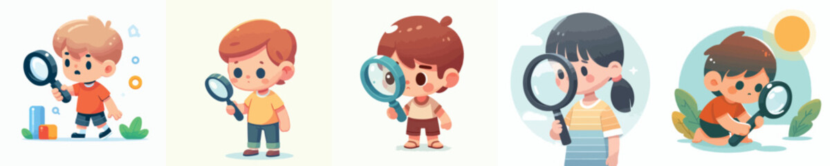 vector set kids looking something with magnifying glass