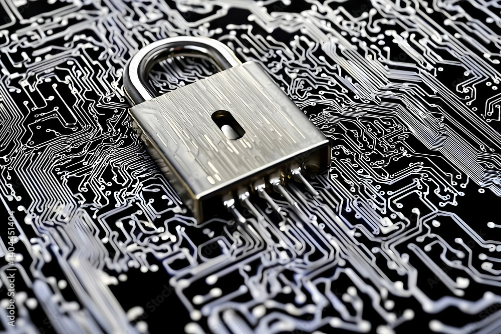 Poster cybersecurity: padlock on circuit board representing data protection