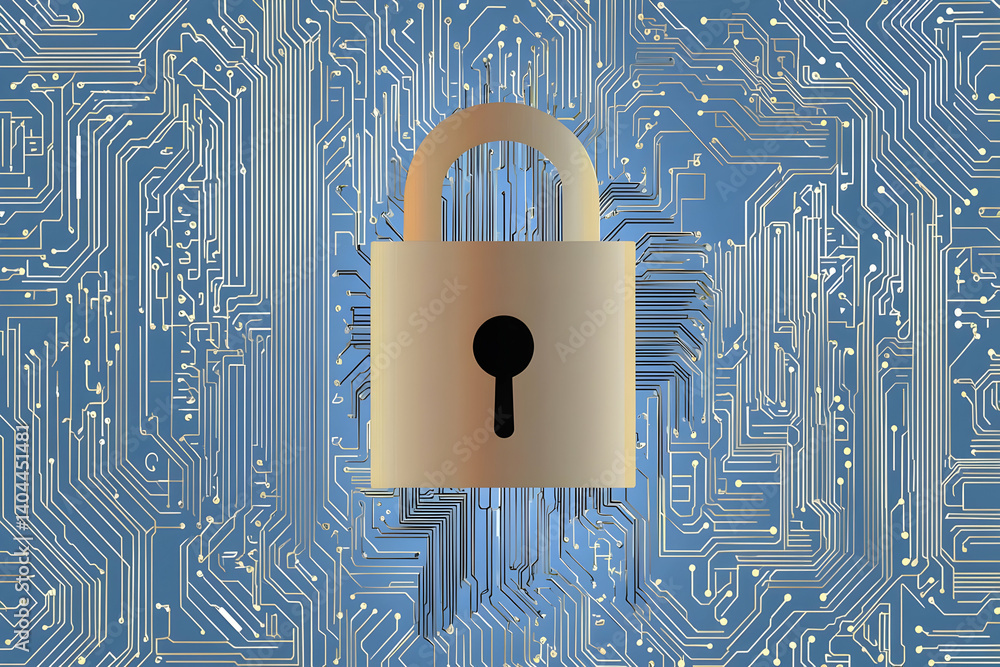 Poster digital security: padlock on circuit board background