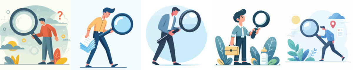vector set man looking something with magnifying glass
