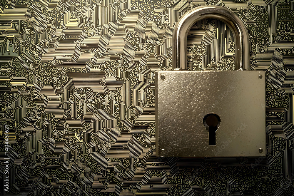 Poster digital security: padlock on circuit board background