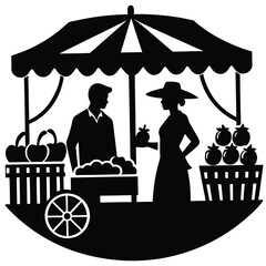 Black and White Silhouette of a Farmer's Market Scene with People, Fruits, and a Cart - Vector Illustration Graphic