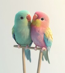 Obraz premium Affectionate Lovebirds: A heartwarming portrayal of two lovebirds perched together, their vibrant plumage and gentle interaction conveying a sense of tender affection and companionship. 