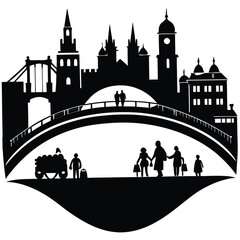 Budapest Skyline Silhouette: Black and White Vector Illustration of Hungarian Cityscape with Bridge and People Walking, Travel Art Print
