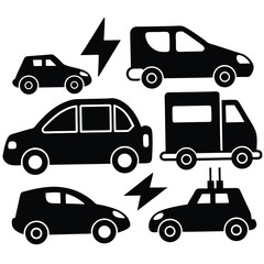 Black and White Vector Illustration of Electric Vehicles: Car, SUV, Truck, Hatchback - Eco-Friendly Transportation Graphics