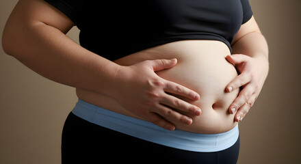 Woman Holding Abdomen With Excess Weight Gain in Black Clothes Against a Neutral Backdrop