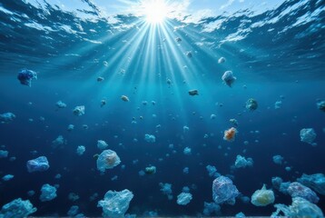 Fototapeta premium Ocean plastic pollution underwater photography marine environment underwater perspective environmental awareness
