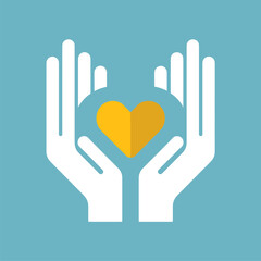 Hands cradling a golden heart, flat design, blue background, care, support, love, symbol.