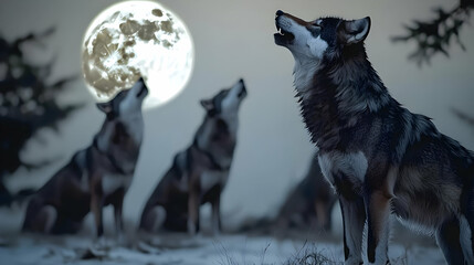 Fototapeta premium Three Wolves Howling At Full Moon In Snowy Forest Setting At Night