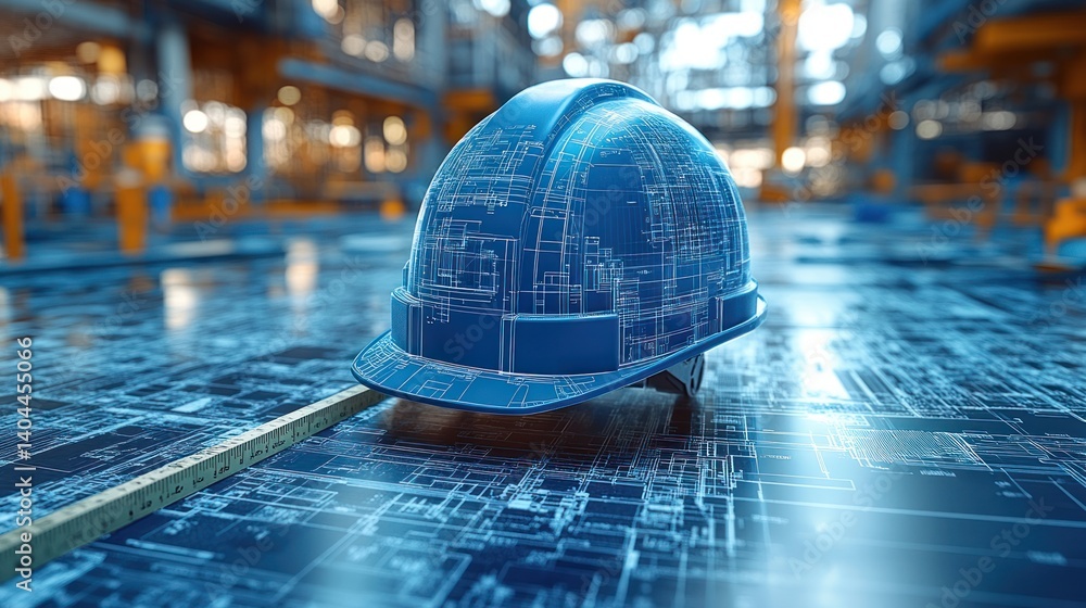 Poster blueprint helmet: digital engineering and construction visualization