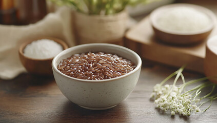Skincare Concept, Bowl of Brown Rice on a Wooden Table Background with Copy Space for Text