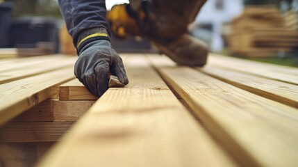 Carpenter building wooden deck. Featuring carpentry and deck construction