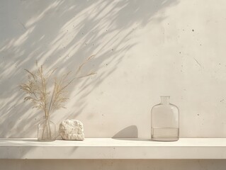 Minimalist scene  shelf, vase, dried flowers, stone, sunlight