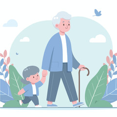 vector cute old  man walking together flat design