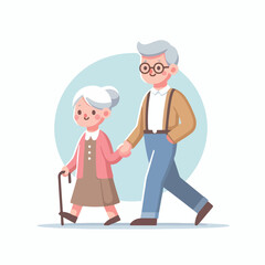 vector cute old  man walking together flat design