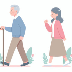 vector cute old  man walking together flat design