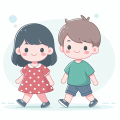 vector cute child couple  walking  flat design
