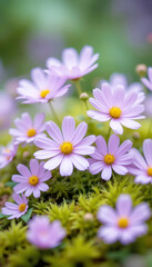 Fototapeta premium delicate pink flowers bloom abundantly in a lush green environment during springtime, showcasing nature's vibrant colors and tranquility