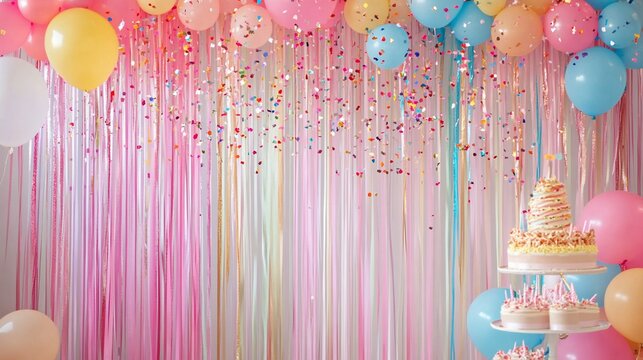 Celebratory ambiance with pastel balloons, streamers and delightful cake