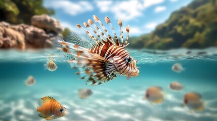 Colorful Lionfish Swimming Among Small Fish in Clear Tropical Waters Under Sunny Sky