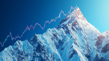 Stock Market Graph Rising atop a Himalayan Mountain Peak, Against a Blue Background