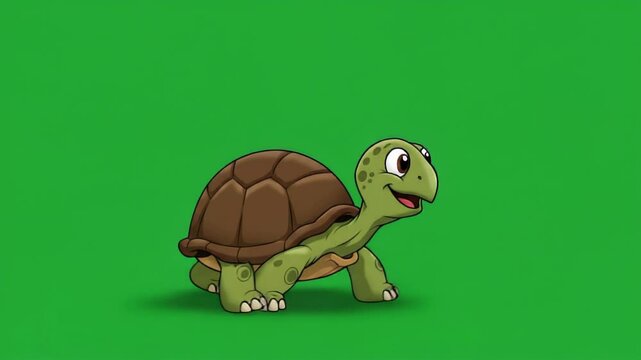 Cartoon Turtle Walking Animated Illustration on Green Background