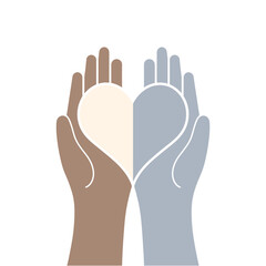 Interracial hands holding a divided heart shape, unity and diversity concept.