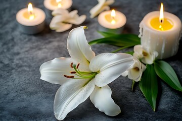 Naklejka premium Beautiful white lily flowers and burning candles on stone background.