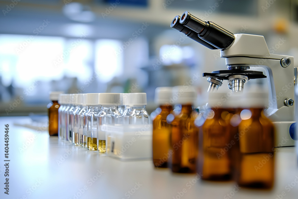 Poster laboratory research: microscope and sample vials in a modern lab setting