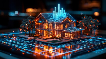 Obraz premium Stunning futuristic house model with glowing elements and digital cityscape, showcasing modern architecture and design concepts