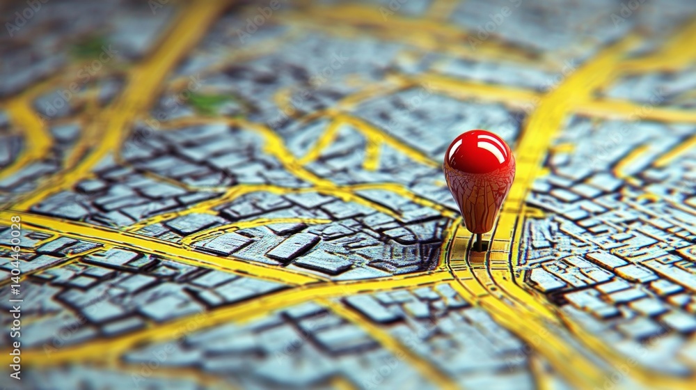 Poster detailed exploration of travel and navigation portrayed through a map and pin.