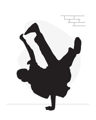 Dancing man black silhouette. Cool boy doing handstand. Break dance, hip-hop street dancer. Flat hand drawn vector illustration  isolated on transparent background
