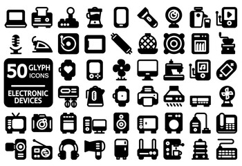 50 electronic devices glyph icon