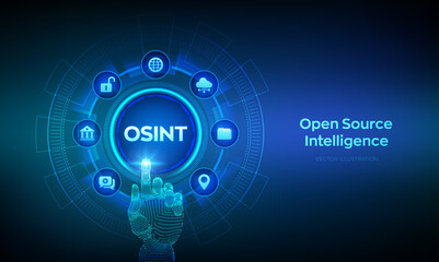 Open source intelligence. OSINT. Open data access. Open source analysis. Cyber analytics. Data gathering. Open data database. Wireframe hand touching digital interface. Vector illustration.