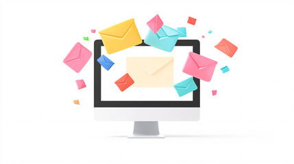 Email Marketing Concept with 3D Rendered Computer and Colorful Mail Icons