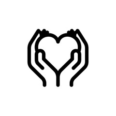 Hands cradling heart shape, outline icon, love and care symbol.