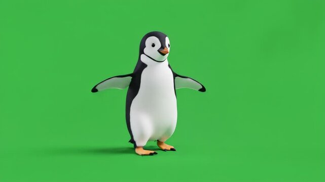 Animated Penguin Walking on Green Background Seamless Loop