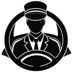 Black Silhouette Driver in Uniform Behind Steering Wheel, Taxi Cab Service Logo, Vector Illustration